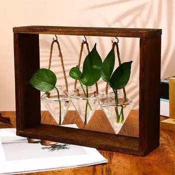 Стеклянная ваза для гидропоники с деревянной подставкой, настольная декоративная станция для размножения растений, террариумное растение