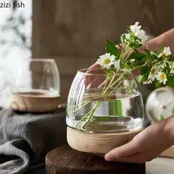 Стеклянная ваза с деревянной основой, прозрачная гидропонная ваза, аквариум, цветочный горшок, настольные вазы, украшения, цветочная композиция, орнамент