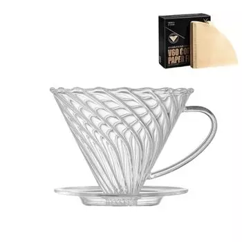 Стеклянная воронка для кофе Vandroop, многоразовая, прозрачная, для рук, для кофе V60, прозрачный, прозрачный фильтр (На 1-4 чашки) (B+Фильтровальная бумага)