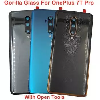 Стеклянная задняя крышка для OnePlus 7T Pro, крышка батарейного отсека, жесткая задняя панель корпуса + клей для объектива камеры, логотип чёрный