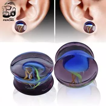 Стеклянная затычка для ушей с логотипом медузы, туннель для ушей, расширитель, украшения для тела, модные космические кабошоны, стеклянные украшения 0g (8 mm)