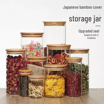 Стеклянные банки для хранения с бамбуковыми и деревянными крышками - герметичные прозрачные банки для чая и организации кухни Diameter 5.5cm, Height 6cm, Capacity 100ml