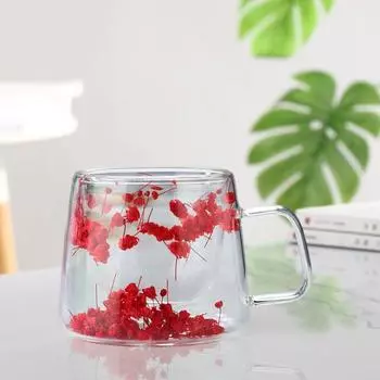 Стеклянные чашки Yousheng 200 мл с двойными стенками и настоящими сухоцветами, термостойкие прозрачные кофейные кружки, цветочные дизайны, чайные чашки для элегантного потягивания