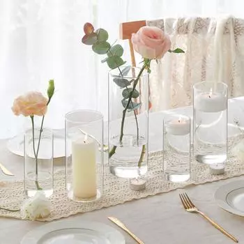 Стеклянные цилиндрические вазы, цветочные контейнеры, вазы для цветов, цилиндрические подсвечники для тонких свечей-столбов, свадебные подсвечники, декор