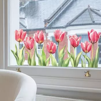 Стеклянные дверцы шкафа с акварельным тюльпаном и декоративными наклейками на окна для украшения дома 25*58cm/fun-f293
