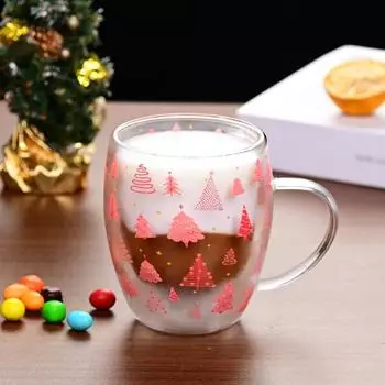 Стеклянные кофейные чашки в виде рождественской елки, прозрачные стеклянные чашки для эспрессо с розовыми рождественскими елками, стеклянная чашка с двойными стенками чистый