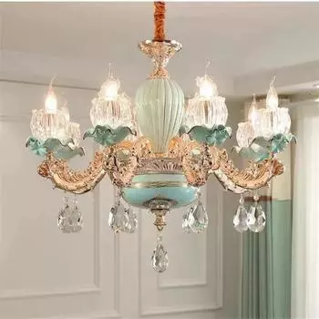 Стеклянные кристаллы для люстр Зеленые керамические люстры Цинковый сплав Золото Освещение гостиной Хрустальные люстры для столовой Cold White
