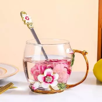 Стеклянные кружки для кофе с эмалью в виде бабочки и цветка ручной работы, чайная чашка с ложкой, подарки на день рождения, Рождество для нее, женщины, мамы, подруги, учителя, валентинки Red-S