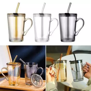 Стеклянные кружки для воды и кофе с трубочкой и крышкой, двухстенные стаканы для холодного чая, термокружка с защитным чехлом 450 мл 450ml прозрачный