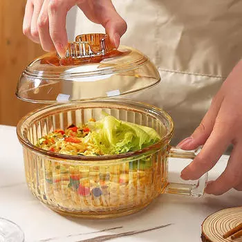 Стеклянные миски для лапши, миска для каши, кухонный аксессуар для общежития с крышкой и ручкой, суп для янтарь