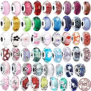 Стеклянные украшения Серебро 925 Подходит для браслета Розовый Красный Очаровательные бусины Разноцветные серии Разноцветные серии узоров