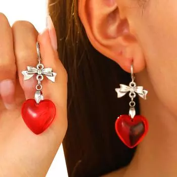 Стеклянные висячие серьги с сердечками, милые крутые серьги с бантом для женщин и девочек, серьги-кольца, стильные вечерние ювелирные изделия, подарок розовый