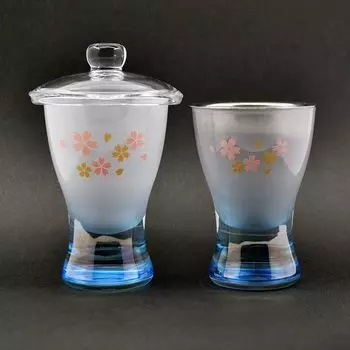 Стеклянный буддийский чайный сервиз 080 Синий с белым с рисунком вишневых цветов Soka Gakkai Буддийская утварь Контейнер для риса Контейнер для воды Чаша для чая SGI SOKA