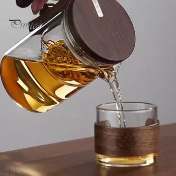 Стеклянный чайник для заваривания 520/720/900 мл с заварочным устройством, деревянной ручкой, термостойким носиком без подтеков, водоотделительным чайником, легко чистящимся для холодной воды S чистый