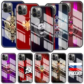 Стеклянный чехол для iPhone 11 12 Pro 7 8 XR X 6 6S Plus 5 XS Max SE, закаленный силиконовый чехол с мягким краем, чехол с гербом российского флага iPhone XS Max