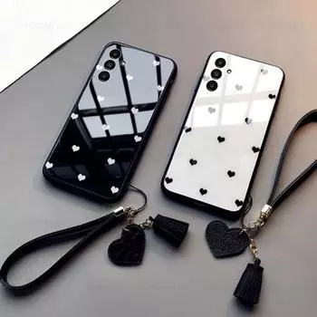 Стеклянный чехол для Samsung Galaxy A14 M14 A24 A34 A54 5G Fashion Love Heart Жесткий чехол для телефона For Samsung A14 5G белый/чёрный