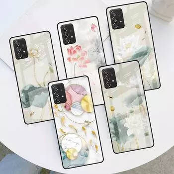 Стеклянный чехол для Samsung Galaxy A52 A71 A50 A51 A70 A21s A31 A72 A10 A12 A30 A22 5G чехол для телефона Золотая фольга Lotus Samsung A03