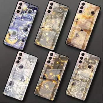 Стеклянный чехол для Samsung Galaxy S22 S20 FE S21 5G S10 S9 Plus Note 10 20 Lite, закаленный чехол для телефона с изображением космонавта и мультфильма Leather