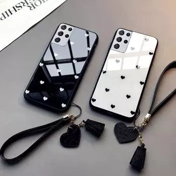 Стеклянный чехол для Samsung S21 S22 S23 Ultra Plus S21FE, модный твердый чехол для телефона с сердечком для Galaxy S21+ S22+ S23+ For Samsung S23Ultra чёрный/белый