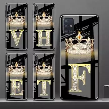 Стеклянный чехол для телефона Samsung Galaxy A52 A51 A71 A50 A21s A53 A32 A91 A12 A41 A31 A33, закаленный чехол с короной и буквами алфавита for Samsung A70