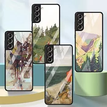 Стеклянный чехол для телефона Samsung Galaxy S22 S21 S20 Ultra FE S9 S10 S8 Plus Note 20 10 Lite 9 8, чехол с мультяшным пейзажем для девочек Samsung S9 Plus