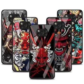 Стеклянный чехол для Xiaomi Poco X3 NFC 11 Lite 11T F3 M3 для Redmi Note 11 10 9 8 Pro 10S 9S 9A 9C, чехол для телефона, маска самурая Они Xiaomi Poco M3