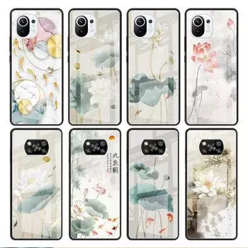 Стеклянный чехол для Xiaomi Poco X3 NFC 11 Lite 11T F3 M3 для Redmi Note 11 10 9 8 Pro 10S 9S 9A 9C Чехол для телефона Золотая фольга Lotus Redmi Note 9S