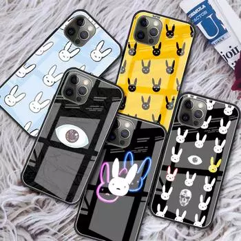 Стеклянный чехол с аниме Bad Bunny для iPhone 13 11 12 Pro XR X XS Max 7 8 6 6S Plus SE 2020, закаленные чехлы для телефона с черным краем iPhone 6 6S