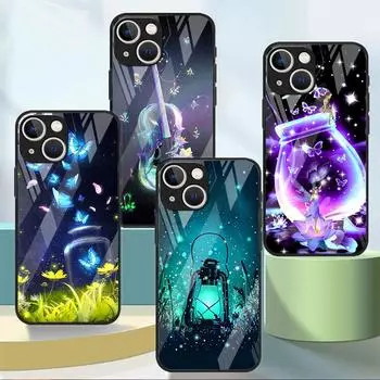 Стеклянный чехол с бабочкой и луной для Apple iPhone 13 Pro 11 14 12 7 8 Plus SE 2022 XR X XS Max 6 6S, закаленный чехол для телефона iPhone 14 Pro Max