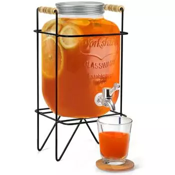 Стеклянный диспенсер для воды на 4 литра с подставкой - Герметичная крышка Стеклянный кувшин для детокс-воды - Настольный диспенсер для сока, воды с фруктами, пива