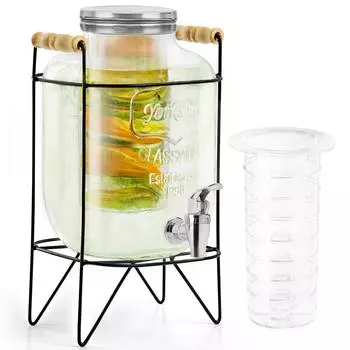 Стеклянный диспенсер для воды на 5 литров с краном, инфузором и подставкой - Герметичная крышка, банка для детокс-воды - Банка Мейсона - Настольный для сока
