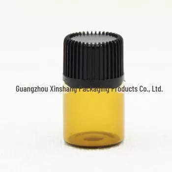 Стеклянный флакончик для эфирного масла чайного цвета объемом 2 мл с герметичной пробкой и черной мелкозернистой крышкой