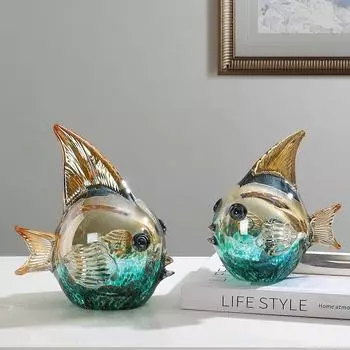 Стеклянный градиент красочная статуя рыбы хрустальная статуэтка рыбы скульптура аквариум эстетическое украшение домашний декор стола