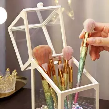 Стеклянный контейнер для хранения косметики с откидной крышкой, пылезащитный держатель для помады и косметических кисточек, ящик для хранения на столе, органайзер для стола