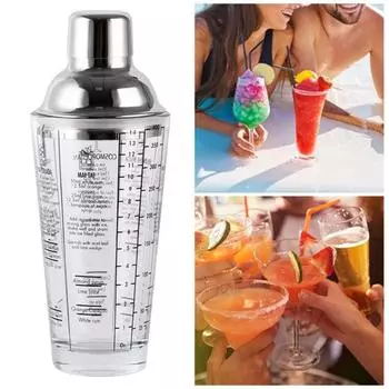 Стеклянный шейкер для коктейлей емкостью 400 мл с крышкой из нержавеющей стали. Прозрачная шкала. Устойчивый к ржавчине и не впитывающий влагу дизайн. Ледяная чашка для виски сауэрс.