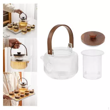 Стеклянный заварочный чайник Blooming and Loose Leaf Tea Maker с деревянной ручкой, прозрачный чайник объемом 1 л со съемным заварником 2pcs Filter