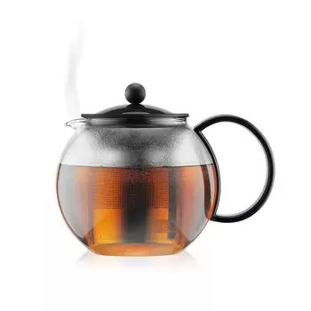 Стеклянный заварочный чайник Bodum Assam с фильтром из нержавеющей стали, черной ручкой и крышкой, 1,0 литр, 34 унции