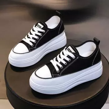 Стелька, увеличивающая рост, парусиновая обувь, женская весна и осень, новая платформа, нескользящая, универсальная, повседневная и легкая обувь на шнуровке 35 чёрный