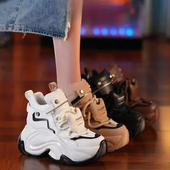 Стелька, увеличивающая рост, женская обувь, настоящие кожаные громоздкие кроссовки, весна, новые универсальные туфли на платформе, толстая подошва, легкие повседневные кроссовки 34