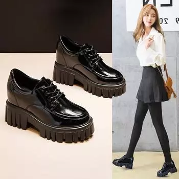 Стелька, увеличивающая рост Женская обувь Весна и осень Новые британские туфли из кожи Туфли на танкетке с высоким каблуком Туфли на платформе Женская обувь 35 чёрный