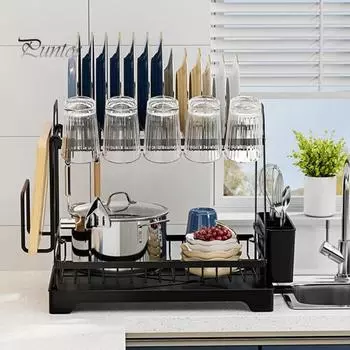Стеллаж для хранения, двухъярусная сушилка для посуды, большая вместимость, простая установка, устойчивая к ржавчине кухонная столешница для посуды со сливом чёрный