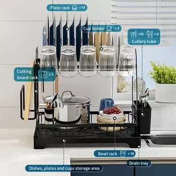 Стеллаж для хранения, двухъярусная сушилка для посуды, большая вместимость, простая установка, устойчивая к ржавчине кухонная утварь для столешницы