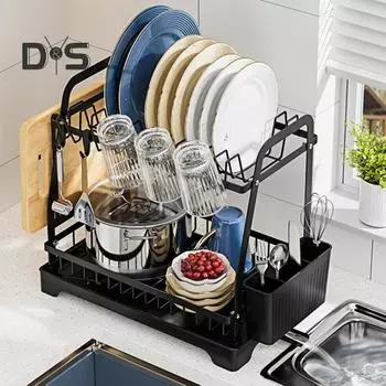 Стеллаж для хранения, двухъярусная сушилка для посуды, большая вместимость, простая установка, устойчивая к ржавчине кухонная столешница для посуды со сливом чёрный