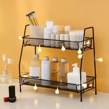 Стеллаж для хранения, двухслойный полый дренажный лоток из нержавеющей стали, большая несущая способность, косметическая организация, настольная полка для ванной комнаты, кухонный держатель для приправ чёрный
