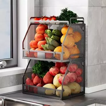 Стеллаж для хранения корзин для фруктов, большая вместимость, прочная несущая способность, утолщенная полая, штабелируемая корзина для фруктов и овощей, органайзер для столешницы чёрный