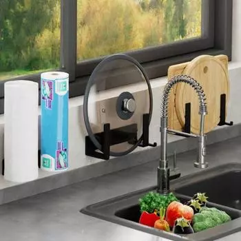 Стеллаж для хранения крышки кастрюли Настенный без сверления Съемный Водонепроницаемый Сильная липкость Противоскользящий чёрный