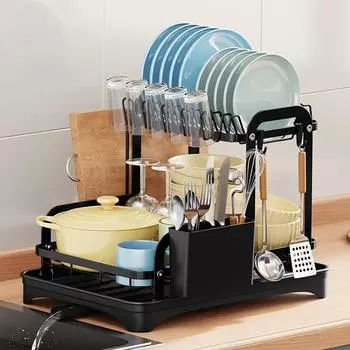 Стеллаж для хранения мисок и тарелок. Кухонный стеллаж для хранения. Узкая маленькая бытовая стойка для слива мисок и тарелок. Многофункциональная миска и палочки для еды. чёрный