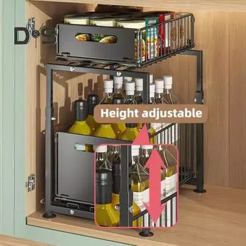 Стеллаж для хранения на кухне, прочный, большой грузоподъемности, регулируемая высота, двухъярусный органайзер под раковиной с выдвижными ящиками A чёрный
