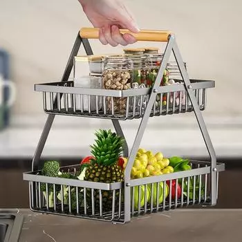 Стеллаж для хранения овощей, двухъярусная корзина для фруктов с деревянной ручкой, большая вместимость, прочная S чёрный