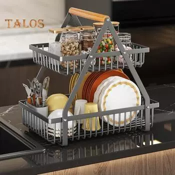 Стеллаж для хранения овощей, двухъярусная корзина для фруктов с деревянной ручкой, большая вместимость, прочный несущий металлический держатель для фруктов, овощная корзина S белый